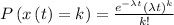 P\left ( x\left ( t \right )=k\right )=\frac{e^{-\lambda t}\left ( \lambda t\right )^k}{k!}