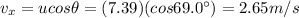 v_x = u cos \theta = (7.39)(cos 69.0^{\circ})=2.65 m/s