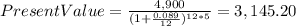 PresentValue=\frac{4,900}{(1+\frac{0.089}{12} )^{12*5} }=3,145.20