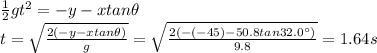 \frac{1}{2}gt^2=-y -x tan \theta\\t=\sqrt{\frac{2(-y-xtan \theta)}{g}}=\sqrt{\frac{2(-(-45)-50.8 tan 32.0^{\circ})}{9.8}}=1.64 s