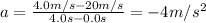 a=\frac{4.0m/s-20m/s}{4.0s-0.0s}=-4m/s^2