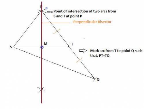 Draw and mark a figure in which m is the midpoint of st, sp = pt,and t is the midpoint of pq.