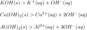 KOH(s) K^+(aq) +OH^-(aq)\\\\Ca(OH)_2(s)Ca^{2+}(aq)  +2OH^- (aq)\\\\Al(OH)_3(s) Al^{3+}(aq)+ 3OH^- (aq)