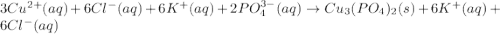 3Cu^{2+}(aq)+6Cl^-(aq)+6K^+(aq)+2PO_4^{3-}(aq)\rightarrow Cu_3(PO_4)_2(s)+6K^+(aq)+6Cl^-(aq)