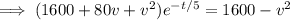 \implies(1600+80v+v^2)e^{-t/5}=1600-v^2