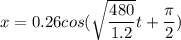 x = 0.26 cos (\sqrt{\dfrac{480}{1.2}}t + \dfrac{\pi }{2})