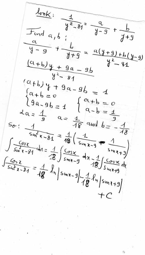 Use the table of integrals to solve  integral:  cos(x)/ sin^2-81 dx