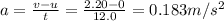 a=\frac{v-u}{t}=\frac{2.20-0}{12.0}=0.183 m/s^2