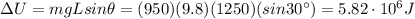 \Delta U = mg L sin \theta = (950)(9.8)(1250)(sin 30^{\circ})=5.82\cdot 10^6 J