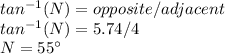 tan^{-1} (N)=opposite/adjacent\\tan^{-1} (N)=5.74/4\\N=55\°