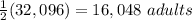 \frac{1}{2}(32,096)= 16,048\ adults