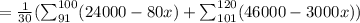 = \frac{1}{30}( \sum_{91}^{100} (24000 - 80x ) + \sum_{101}^{120}(46000 - 3000x))