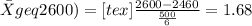 \bar{X} geq 2600) = [tex]\frac{2600 - 2460}{\frac{500}{6}} = 1.68