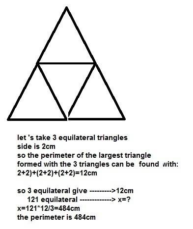 Ron used 121 congruent equilateral triangles with 2 cm side lengths to form one large equilateral tr