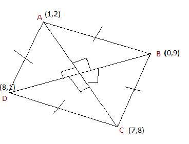 Parallelogram abcd has vertices at a(1,2) , b(0,9) , c(7,8) , and d(8,1) . which conclusion can be m