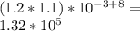 (1.2 * 1.1) * 10 ^{- 3 + 8} =\\1.32 * 10 ^ 5
