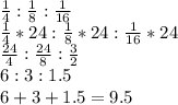 \frac{1}{4}:\frac{1}{8}:\frac{1}{16}\\\frac{1}{4}*24:\frac{1}{8}*24:\frac{1}{16}*24\\\frac{24}{4}:\frac{24}{8}:\frac{3}{2}\\6:3:1.5\\6+3+1.5=9.5