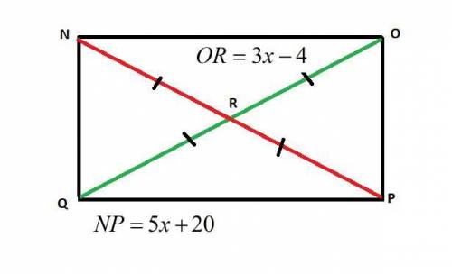The diagonals of rectangle nopq intersect at point r. if or=3x-4 and np=5x+20, solve for x. a. 2 b.