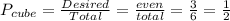 P_{cube} = \frac{Desired}{Total} = \frac{even}{total} = \frac{3}{6} =\frac{1}{2}