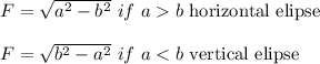 F=\sqrt{a^2-b^2}\ if\ ab\ \text{horizontal elipse}\\\\F=\sqrt{b^2-a^2}\ if\ a