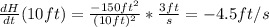 \frac{dH}{dt}(10ft)=\frac{-150ft^{2}}{(10ft)^{2}}*\frac{3ft}{s}=-4.5ft/s