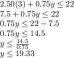 2.50 (3) + 0.75y \leq22\\7.5 + 0.75y \leq22\\0.75y \leq22-7.5\\0.75y \leq14.5\\y\leq \frac {14.5} {0.75}\\y\leq19.33