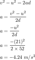 v^2-u^2=2ad\\\\a=\dfrac{v^2-u^2}{2d}\\\\a=\dfrac{-u^2}{2d}\\\\a=\dfrac{-(21)^2}{2\times 52}\\\\a=-4.24\ m/s^2
