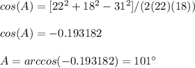 cos(A)=[22^{2}+18^{2}-31^{2}]/(2(22)(18))\\ \\cos(A)=-0.193182\\ \\A=arccos(-0.193182)=101\°