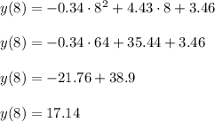 y(8)=-0.34\cdot 8^2+4.43\cdot 8+3.46\\ \\y(8)=-0.34\cdot 64+35.44+3.46\\ \\y(8)=-21.76+38.9\\ \\y(8)=17.14