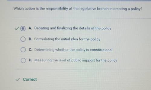 Which action is the responsibility of the legislative branch in creating a policy?  a. debating and