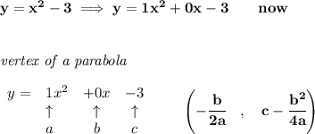 \bf y = x^2 - 3\implies y=1x^2+0x-3\qquad now&#10;\\\\\\&#10;\textit{vertex of a parabola}\\ \\&#10;\begin{array}{llccll}&#10;y=&1x^2&+0x&-3\\&#10;&\uparrow &\uparrow &\uparrow \\&#10;&a&b&c&#10;\end{array}\qquad &#10;\left(-\cfrac{{{ b}}}{2{{ a}}}\quad ,\quad  {{ c}}-\cfrac{{{ b}}^2}{4{{ a}}}\right)