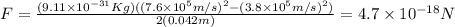 F=\frac{(9.11\times10^{-31}Kg)((7.6\times10^5m/s)^2-(3.8\times10^5m/s)^2)}{2(0.042m)}=4.7\times10^{-18}N