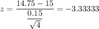 z=\dfrac{14.75-15}{\dfrac{0.15}{\sqrt{4}}}=-3.33333