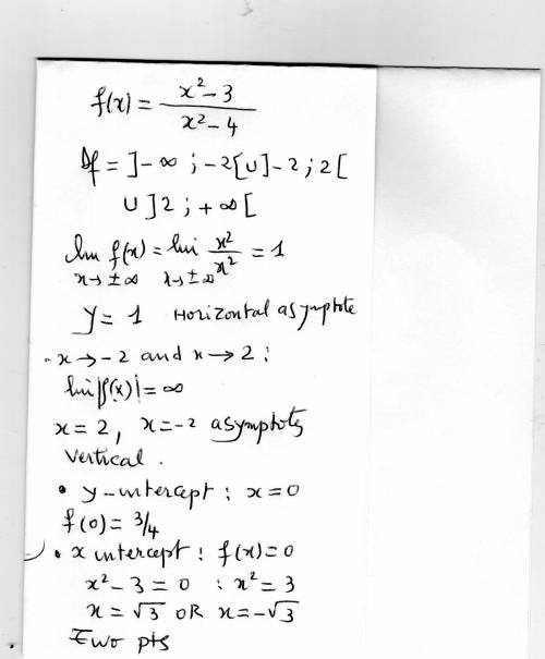 X^2-3/ x^2-4  find the x-intercept, y-intercept, verticle asymptote, and horizontal asymptote