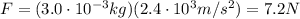 F=(3.0\cdot 10^{-3}kg)(2.4\cdot 10^3 m/s^2)=7.2 N