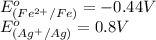 E^o_{(Fe^{2+}/Fe)} = -0.44 V\\E^o_{(Ag^{+}/Ag)} = 0.8 V\\
