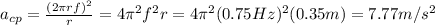 a_{cp}=\frac{(2\pi r f)^2}{r}=4 \pi^2f^2r=4 \pi^2(0.75Hz)^2(0.35m)=7.77m/s^2