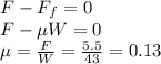 F- F_f=0\\F-\mu W =0\\\mu = \frac{F}{W}=\frac{5.5}{43}=0.13 \\