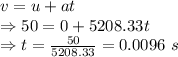 v=u+at\\\Rightarrow 50=0+5208.33t\\\Rightarrow t=\frac{50}{5208.33}=0.0096\ s