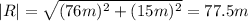 |R| = \sqrt{(76 m)^{2} + (15 m)^{2}} = 77.5 m