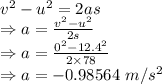 v^2-u^2=2as\\\Rightarrow a=\frac{v^2-u^2}{2s}\\\Rightarrow a=\frac{0^2-12.4^2}{2\times 78}\\\Rightarrow a=-0.98564\ m/s^2