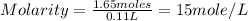 Molarity=\frac{1.65moles}{0.11L}=15mole/L