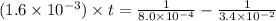 (1.6\times 10^{-3})\times t=\frac{1}{8.0\times 10^{-4}}-\frac{1}{3.4\times 10^{-2}}