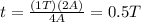 t=\frac{(1T)(2 A)}{4A}=0.5 T