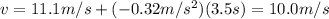 v=11.1 m/s+(-0.32 m/s^2)(3.5 s)=10.0 m/s