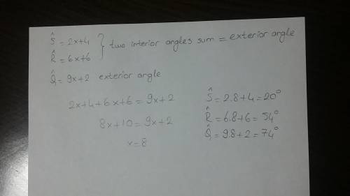 What is the measurement of pqs? s is (2x+4) q is (9x+2) and r is (6x+6)