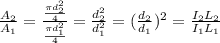 \frac{A_2}{A_1}=\frac{\frac{\pi d_2^2}{4}}{\frac{\pi d_1^2}{4}}=\frac{d_2^2}{d_1^2}=(\frac{d_2}{d_1})^2=\frac{I_2 L_2}{I_1 L_1}