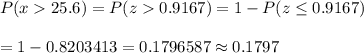P(x25.6)=P(z0.9167)=1-P(z\leq0.9167)\\\\=1- 0.8203413=0.1796587\approx0.1797
