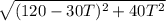 \sqrt{(120-30T)^2+40T^2}