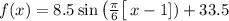 f(x) = 8.5\sin{\left(\frac{\pi}{6}\right[x - 1])} + 33.5
